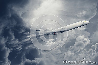 Aeroplane flying through turbulence storm and dark cloud Stock Photo
