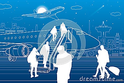 Passengers board the plane. Contour transport illustration. City airport infrastructure. Vector design art Vector Illustration