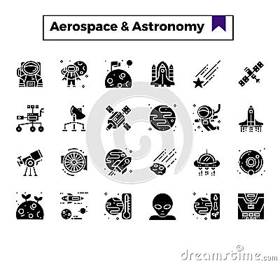 Aerospace and astronomy glyph design icon set. Stock Photo