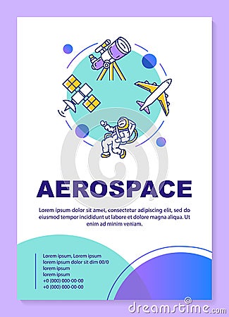 Aerospace industry poster template layout. Cosmos, space exploration. Banner, booklet, leaflet print design with linear Vector Illustration