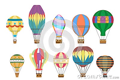 Aerostat air balloon flight travel basket retro airship cartoon isolated on white icons set cartoon flat design vector Vector Illustration