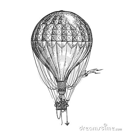 Aerostat sketch. Retro hot air balloon hand drawn drawing in vintage engraving style. Vector illustration Vector Illustration