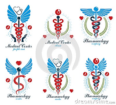 Aesculapius Greek vector abstract logotypes composed with wings, heart shapes, ecg charts and laurel wreaths. Medical symbols for Vector Illustration