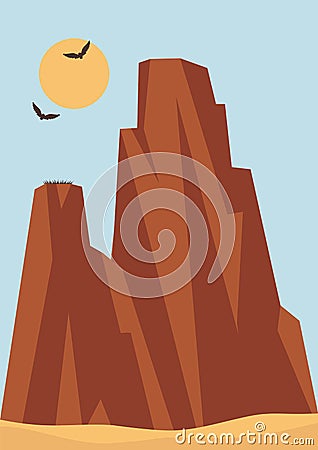 Aesthetic Arizona desert, natural parkland landscape poster. Flying eagles, nest on rock. Vector Illustration