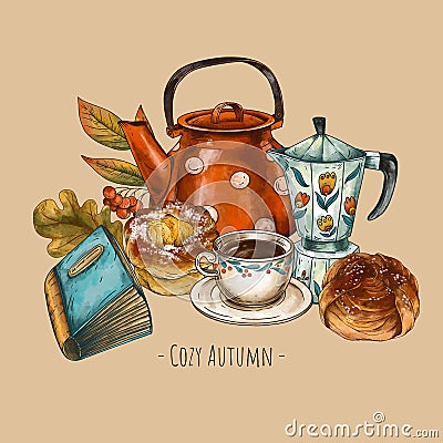 Aesthetic Coffee Break, Scandinavian Fika Tea Time, Vintage Illustration Stock Photo
