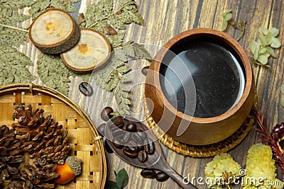Aesthetic coffee set with wooden background Stock Photo