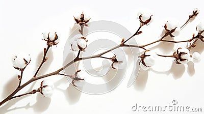 Aesthetic cotton balls on a branch, copy space, white background with strong shadows, plant template. Generative AI Stock Photo