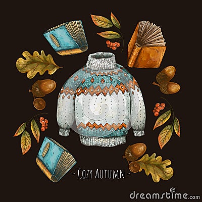 Aesthetic Cozy Autumn Greeting Card, Vintage Love Reading Book Illustration Stock Photo