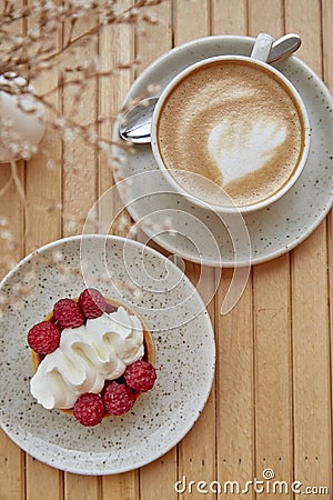 Aesthetic french tart and cup of cappuccino flat lay. Atmospheric breakfast. Stock Photo