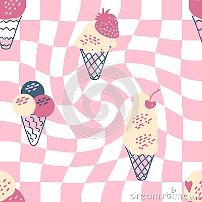 Aesthetic fruit ice cream seamless pattern in 1960 retro style. Checkered vintage print for fabric, paper, T-shirt. Hand drawn Vector Illustration