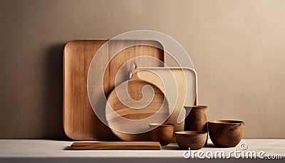 Aesthetic kitchen table with eco wooden cutting board, trays and bowls for modern cooking background Stock Photo