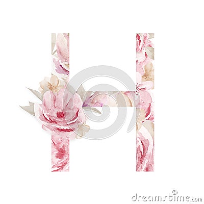 Aesthetic Letter H Alphabet Typography Design. Watercolor Font letter H isolated on white background. Stock Photo