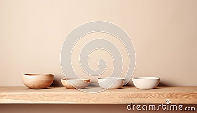 Aesthetic minimalist kitchen shelf with ceramic bowls for modern cooking conceptual background Stock Photo