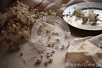 Aesthetic product background with fabric and dried flowers. Stock Photo