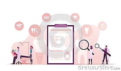 Aesthetic Stomatology, Dental Prosthetics, Teeth Restoration Concept. Doctor Character Install Dental Veneers Vector Illustration