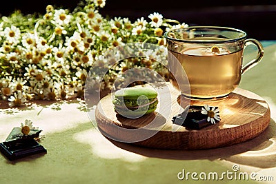 Aesthetic summertime tea time, herbal tea and macarons dessert outside in the terrace under trendy hard shadows. Sweet Stock Photo