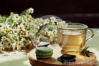 Aesthetic tea time, herbal tea and macarons dessert outside in the terrace under trendy hard shadows. Sweet desserts Stock Photo