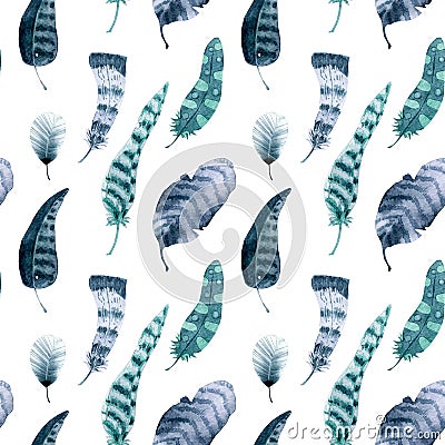 Watercolor seamless feather pattern on white background Stock Photo