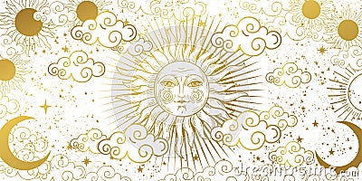 Aesthetic white background with golden sun with face, clouds and stars. Magic tarot card, celestial banner. Frame for astrology, Vector Illustration