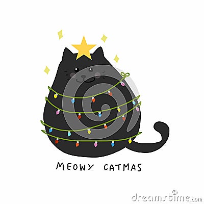 Fat cat act to be Christmas tree with colorful lightbulb, Meowy Catmas cartoon illustration Vector Illustration