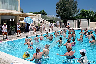 AFANDOU VILLAGE, RHODES, GREECE - JULY 26, 2019: Water aerobics class at Dessole Lippia Golf Resort Hotel Editorial Stock Photo