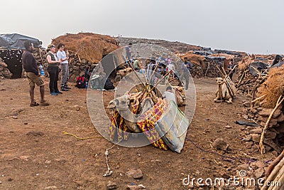 AFAR, ETHIOPIA - MARCH 26, 2019: Tourists with camels at Erta Ale volcano crater rim in Afar depression, Ethiop Editorial Stock Photo