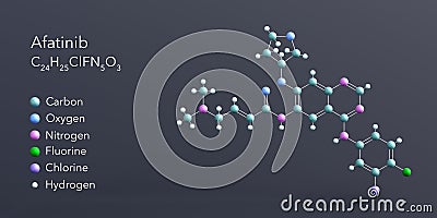 afatinib molecule 3d rendering, flat molecular structure with chemical formula and atoms color coding Stock Photo