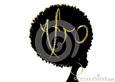 Curly afro hair, portrait African Women , dark skin female face with curly hair afro, ethnic traditional golden earrings Vector Illustration