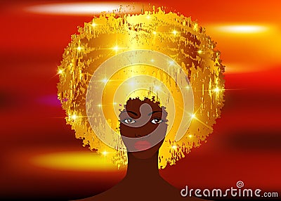 Portrait African Women , dark skin female face with beautiful traditional blond glitter shiny golden hair afro, hairstyle concept Vector Illustration