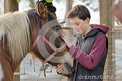 Teenager love a horse Stock Photo