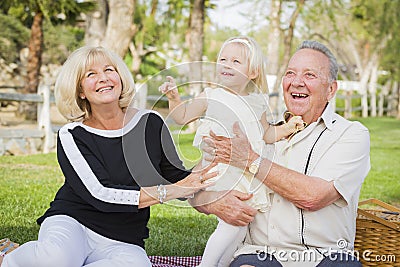 Affectionate Granddaughter and Grandparents Playing At The Park Stock Photo