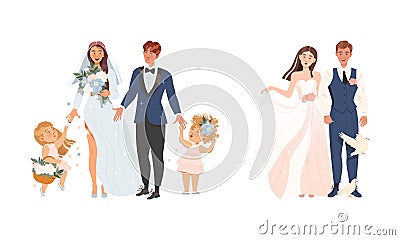 Affectionate Newlyweds Couple as Just Married Male and Female in Wedding Dress Holding Hands Vector Illustration Set Stock Photo