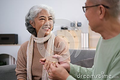 Affectionate senior Asian couple sharing warm embrace on the sofa, celebrating their enduring love and togetherness. Elderly Stock Photo