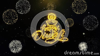 Affichage heureux de feux d'artifice de Diwali Diya Written Gold Particles Exploding Affichage heureux de feux d'artifice de Diwali Diya Written Gold Particles Exploding
