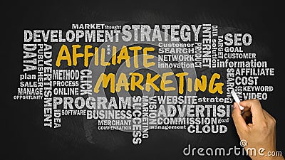 Affiliate marketing handwritten on blackboard with related words Stock Photo