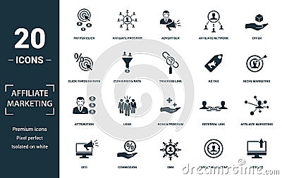 Affiliate Marketing icon set. Monochrome sign collection with pay per click, affiliate program, advertiser, affiliate Vector Illustration