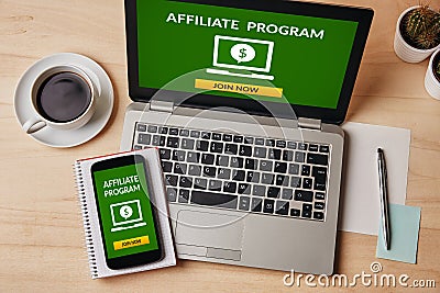 Affiliate program concept on laptop and smartphone screen Stock Photo