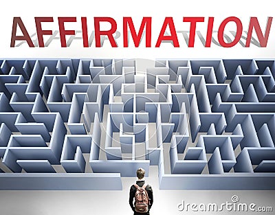 Affirmation can be hard to get - pictured as a word Affirmation and a maze to symbolize that there is a long and difficult path to Cartoon Illustration