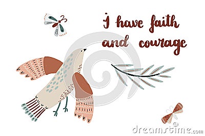 Affirmation card. Hand-drawn imperfect bird, butterflies, and hand-written affirmation. Vector Illustration