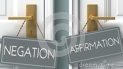 Affirmation or negation as a choice in life - pictured as words negation, affirmation on doors to show that negation and Cartoon Illustration