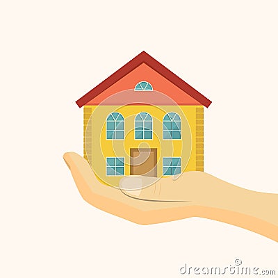 Affordable housing icon. House in hand vector illustration. Flat style Vector Illustration
