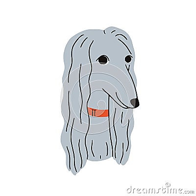 Afghan hound breed, cute dog avatar. Funny puppy face, head portrait. Adorable doggy with long coat. Home companion pup Vector Illustration