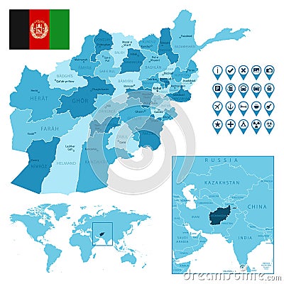 Afghanistan detailed administrative blue map with country flag and location on the world map. Vector Illustration