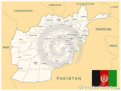 Afghanistan - detailed map with administrative divisions and country flag Cartoon Illustration