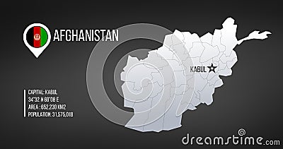 Afghanistan detailed map with regions and Kabul capital star and statistic information. Vector illustration isolated on black Cartoon Illustration