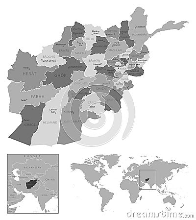 Afghanistan - highly detailed black and white map. Vector Illustration