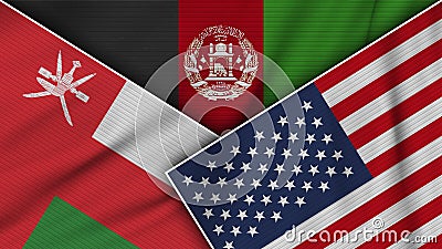 Afghanistan United States of America Oman Flags Together Fabric Texture Illustration Stock Photo