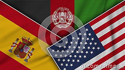 Afghanistan United States of America Spain Flags Together Fabric Texture Illustration Stock Photo