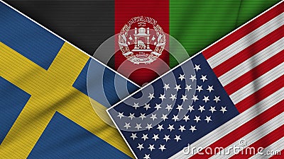 Afghanistan United States of America Sweden Flags Together Fabric Texture Illustration Stock Photo