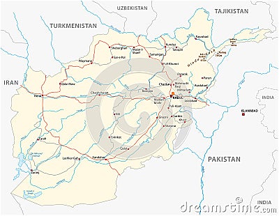 Afghanistan vector road map with important cities Vector Illustration